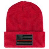 Thin RED Line American Flag Embroidered Patch Ribbed Cuffed Knit Beanie - Black