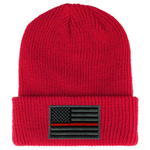 Thin RED Line American Flag Embroidered Patch Ribbed Cuffed Knit Beanie - Black