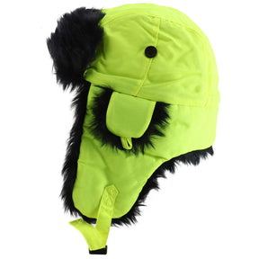 Decky Brands Bright Neon Black Fur Aviator High Visibility Winter Trooper Hat - Neon Yellow - LXL