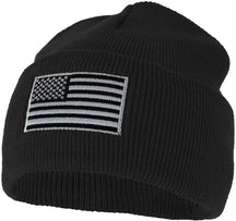 Armycrew Made in USA Grey American Flag Embroidered Knit Cuff Long Beanie