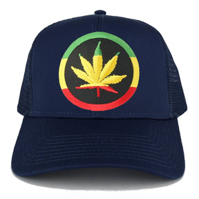 RGY Marijuana Leaf Rasta Circle Iron on Embroidered Patch Adjustable Trucker Cap - Black