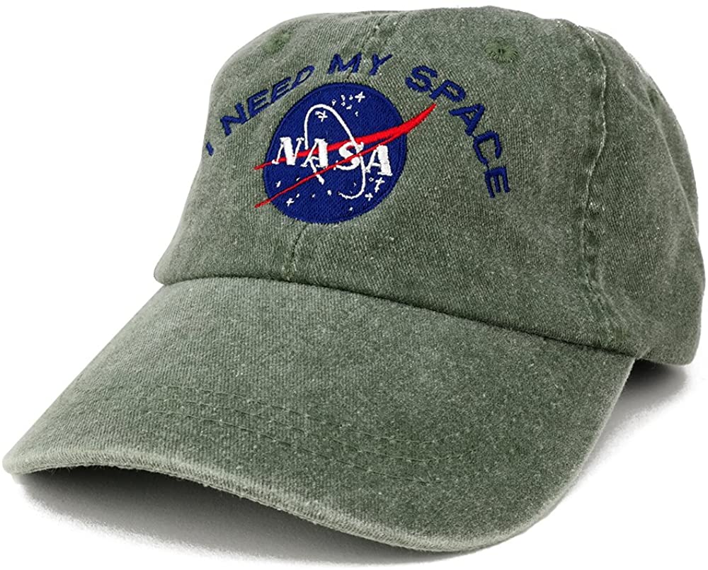 NASA I Need My Space Embroidered Washed Cotton Cap (One Size, White)