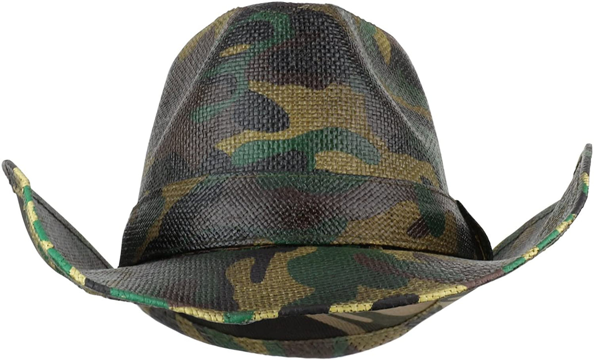 Armycrew Woodland Camouflage Print Western Paper Straw Cowboy Hat