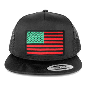 Flexfit 5 Panel American Flag Patched Snapback Mesh Charcoal Cap - Black Red Patch