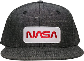 NASA Worm Red Text Embroidered Iron On Patch Washed Denim Snapback Cap - Black