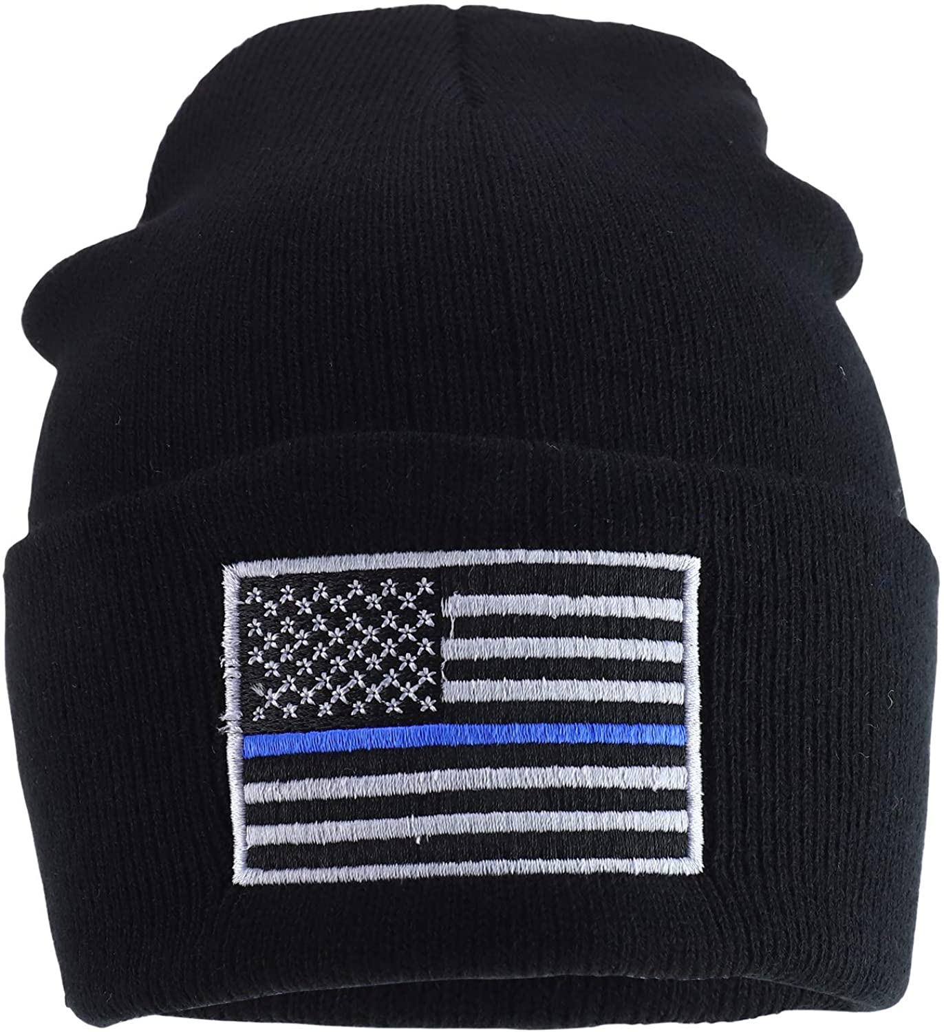 Rapid Dominance Thin Blue Line Embroidered US American Flag Cuff Folded Beanie Hat