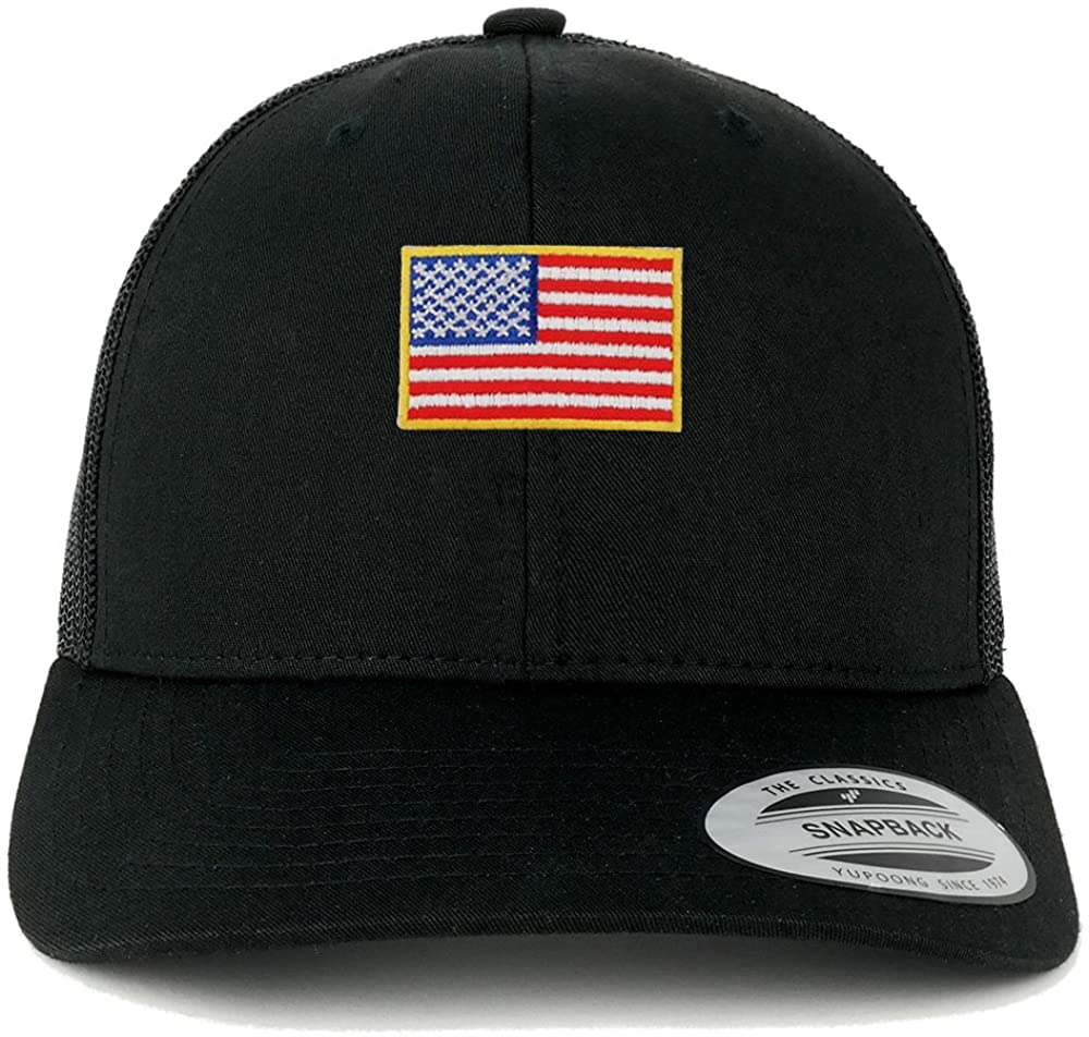 Small Yellow American Flag Embroidered Iron On Patch Mesh Back Trucker Cap - Black