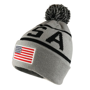 Armycrew USA Pom Pom Stylish Acrylic Cuff Winter Beanie Hat - Flag Patch - Grey Black