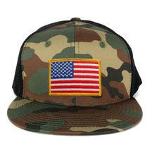 US American Flag Iron on Patch Flat Bill Camo Snapback Trucker Cap - WWB - Black Grey