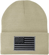 Made in USA - Black Grey American Flag Embroidered Patch Long Cuff Beanie