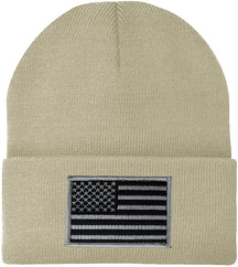 Made in USA - Black Grey American Flag Embroidered Patch Long Cuff Beanie