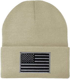 Made in USA - Black Grey American Flag Embroidered Patch Long Cuff Beanie