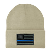 Made in USA - Thin Blue Line American Flag Embroidered Patch Long Cuff Beanie