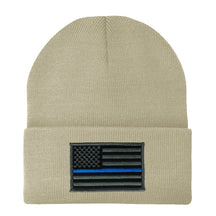 Made in USA - Thin Blue Line American Flag Embroidered Patch Long Cuff Beanie