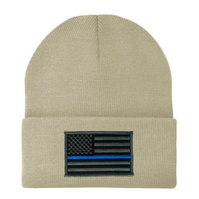 Made in USA - Thin Blue Line American Flag Embroidered Patch Long Cuff Beanie
