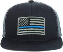 Armycrew Youth Kid's Thin Blue Line American Flag Patch Flat Bill Snapback Trucker Cap