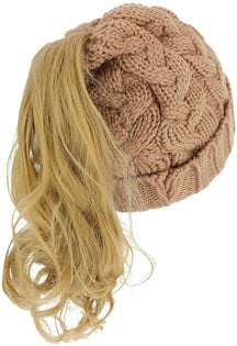 Armycrew Cable Knit Messy Bun Hair Winter Ponytail Beanie Cap
