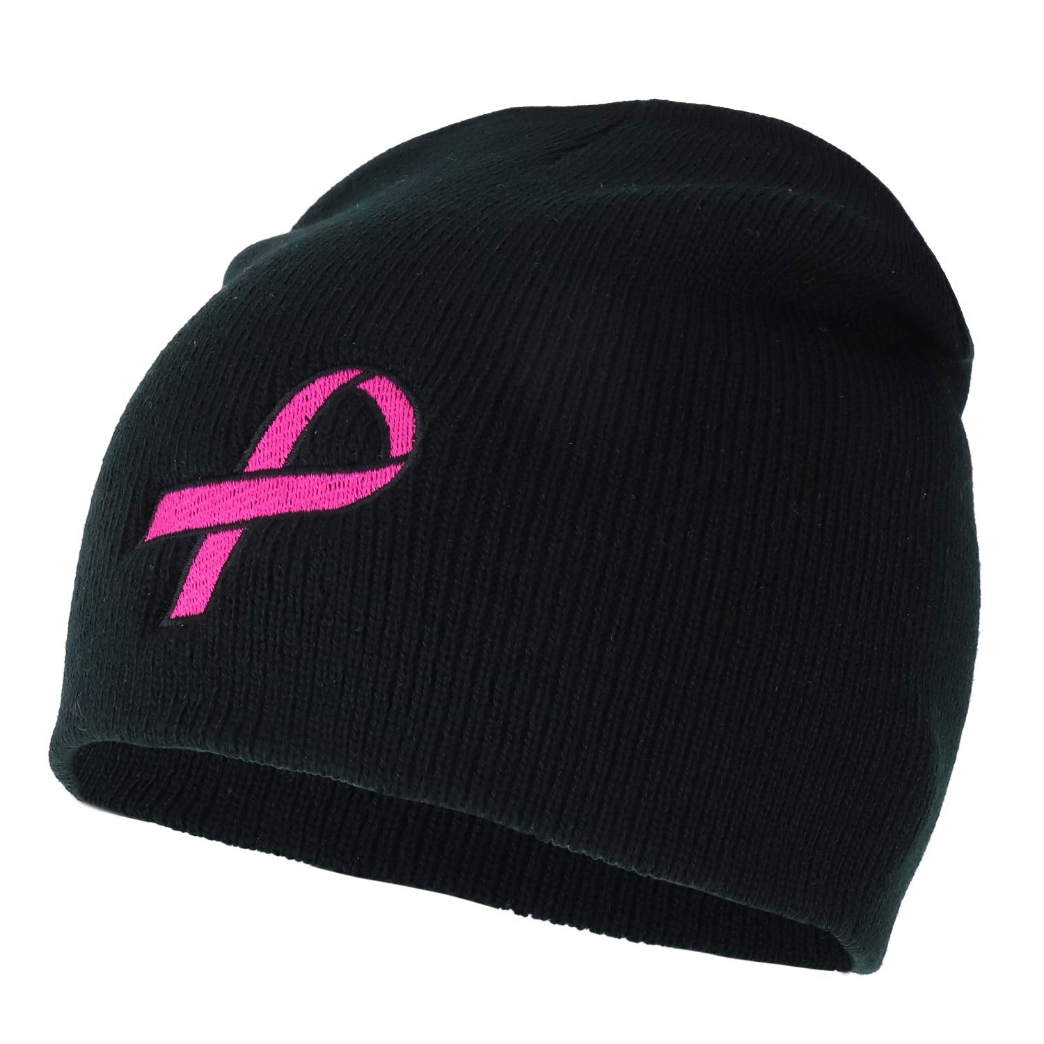 Armycrew Made in USA Large Breast Cancer Pink Ribbon Embroidered Short Beanie