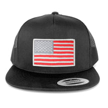 Flexfit 5 Panel American Flag Patched Snapback Mesh Charcoal Cap - Black Red Patch
