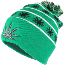 Marijuana Leafs Pom Pom Acrylic Beanie Hat - Kelly Green Black - WB071-86