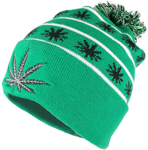 Marijuana Leafs Pom Pom Acrylic Beanie Hat - Kelly Green Black - WB071-86