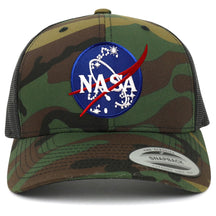 Flexfit NASA Insignia Logo Embroidered Patch Snapback Trucker Mesh Cap - Black