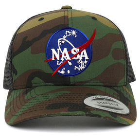 Flexfit NASA Insignia Logo Embroidered Patch Snapback Trucker Mesh Cap - Black