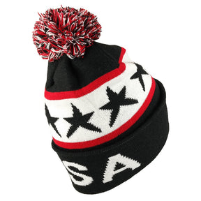 Armycrew USA Pom Pom Stylish Acrylic Cuff Winter Beanie Hat - USA Print - Black Red