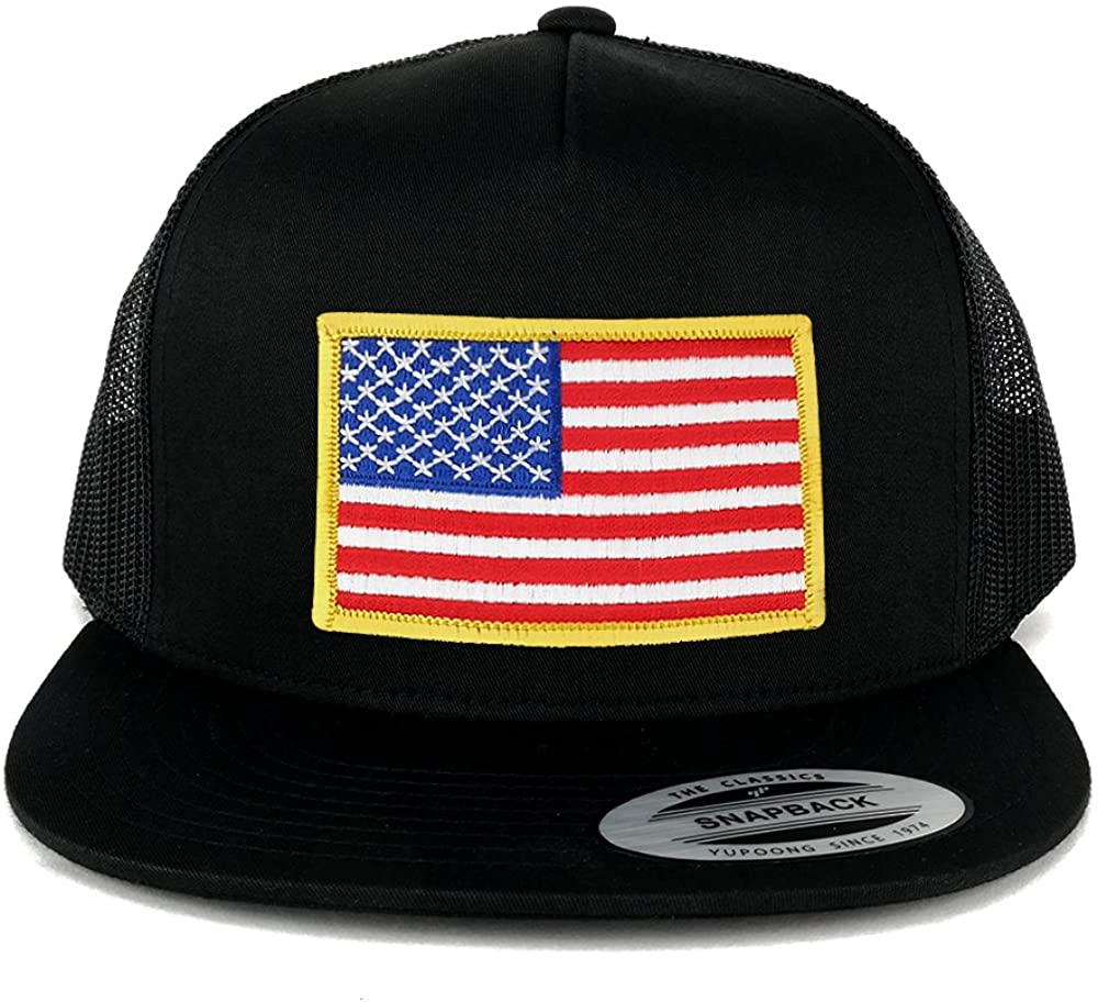 Flexfit 5 Panel American Flag Patched Snapback Mesh Cap - Black