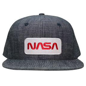 NASA Worm Red Text Embroidered Iron On Patch Washed Denim Snapback Cap - Black