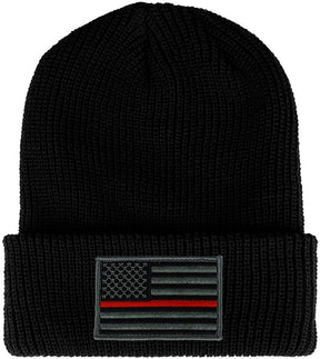 Thin RED Line American Flag Embroidered Patch Ribbed Cuffed Knit Beanie - Black