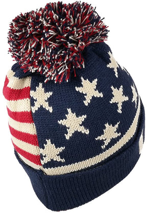 Armycrew Youth USA Text and Flag Winter Cuff Folded Beanie Hat with Pom Pom