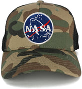 NASA Round Meatball Embroidered Iron On Patch Camo Adjustable Mesh Trucker Cap - NTG-Black