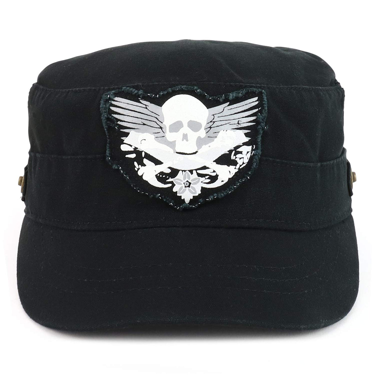 Armycrew Crossbone Skull Patch Brushed Canvas Meshed Flat Top Army Cap - Black - M