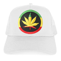 RGY Marijuana Leaf Rasta Circle Iron on Embroidered Patch Adjustable Trucker Cap - Black