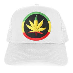 RGY Marijuana Leaf Rasta Circle Iron on Embroidered Patch Adjustable Trucker Cap - Black