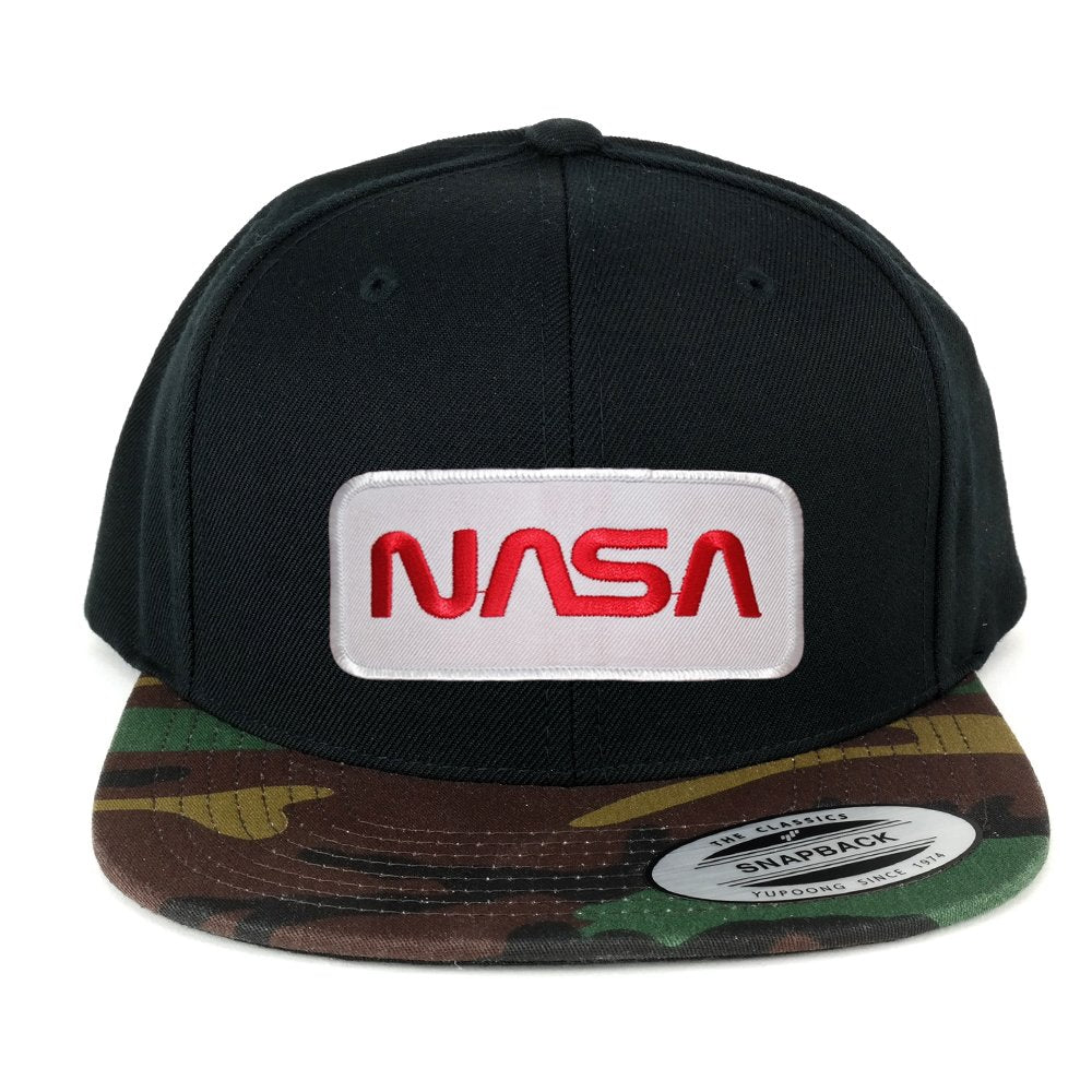 Flexfit NASA Worm Red Text Embroidered Iron on Patch Snapback Cap with Camo Visor