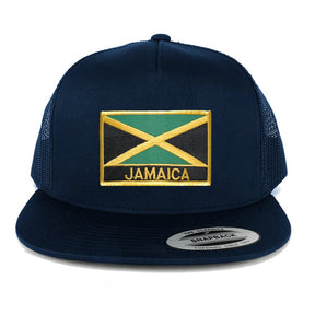 Flexfit 5 Panel Jamaica Flag with Text Embroidered Patch Snapback Mesh Back Cap