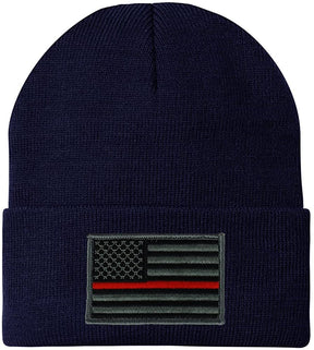 Made in USA - Thin RED Line American Flag Embroidered Patch Long Cuff Beanie