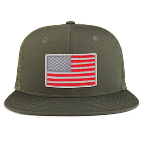 Red Grey American Flag Iron on Patch Flat Bill Ripstop Trucker Mesh Cap