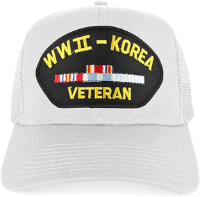 Armycrew WW2 to Korea Veteran Embroidered Patch Snapback Mesh Trucker Cap - Black