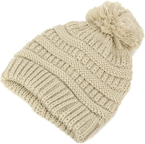 Armycrew Kids Winter Solid Ribbed Beanie Hat with Pom Pom - Beige