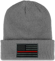 Thin RED Line American Flag Embroidered Patch Ribbed Cuffed Knit Beanie - Black