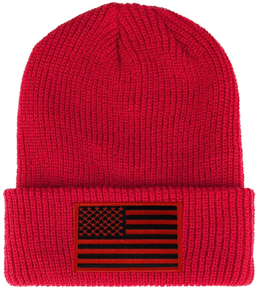Armycrew Black RED American Flag Embroidered Patch Ribbed Cuffed Knit Beanie - Black