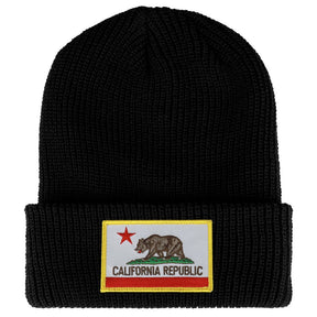 Armycrew California Bear Flag Embroidered Patch Winter Ribbed Cuffed Knit Beanie - Black