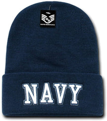 Military Embroidered Knit Winter Long Beanie - Navy Text