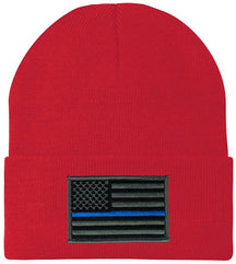 Made in USA - Thin Blue Line American Flag Embroidered Patch Long Cuff Beanie