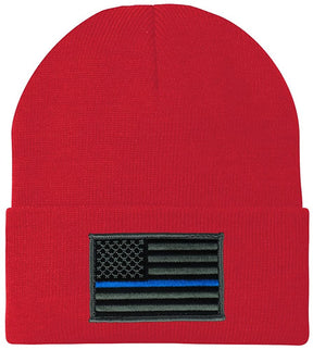 Made in USA - Thin Blue Line American Flag Embroidered Patch Long Cuff Beanie