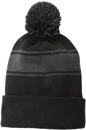 Armycrew Two Tone Stripe Acrylic Winter Pom Pom Beanie Hat