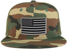 Black Grey American Flag Iron on Patch Flat Bill Ripstop Trucker Mesh Cap